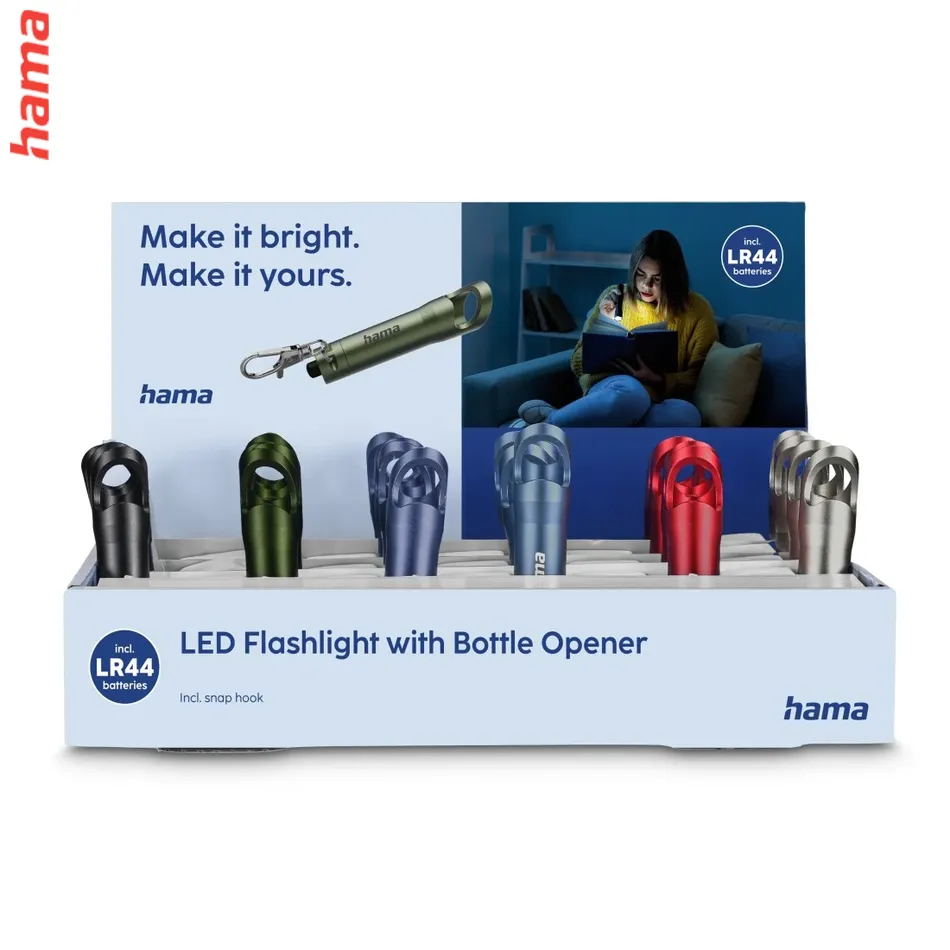 Hama FL4 LED baterka s otváračom na fľaše a karabínkou, 24 ks v displeji