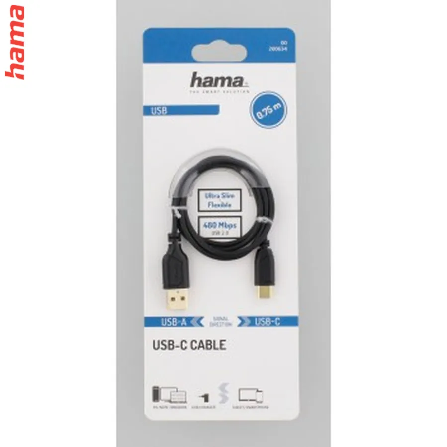 Hama USB-C 2.0 kábel typ A-C 0,75 m, Flexi-Slim, čierny