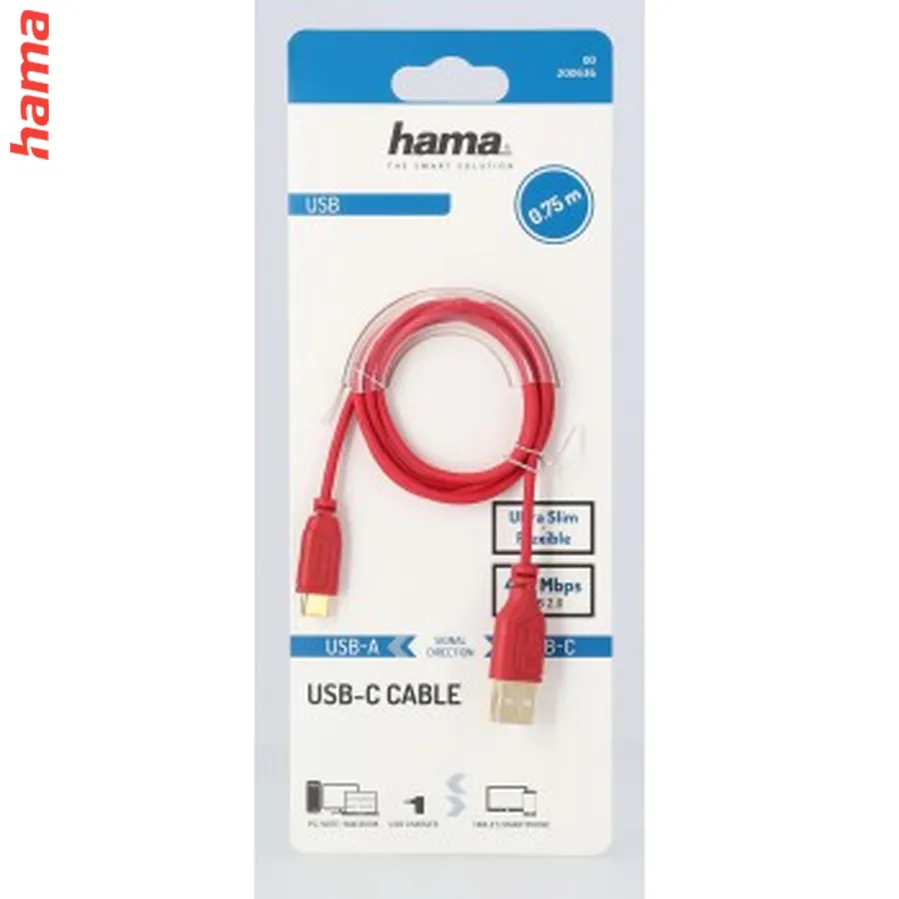 Hama USB-C 2.0 kábel typ A-C 0,75 m, Flexi-Slim, červený