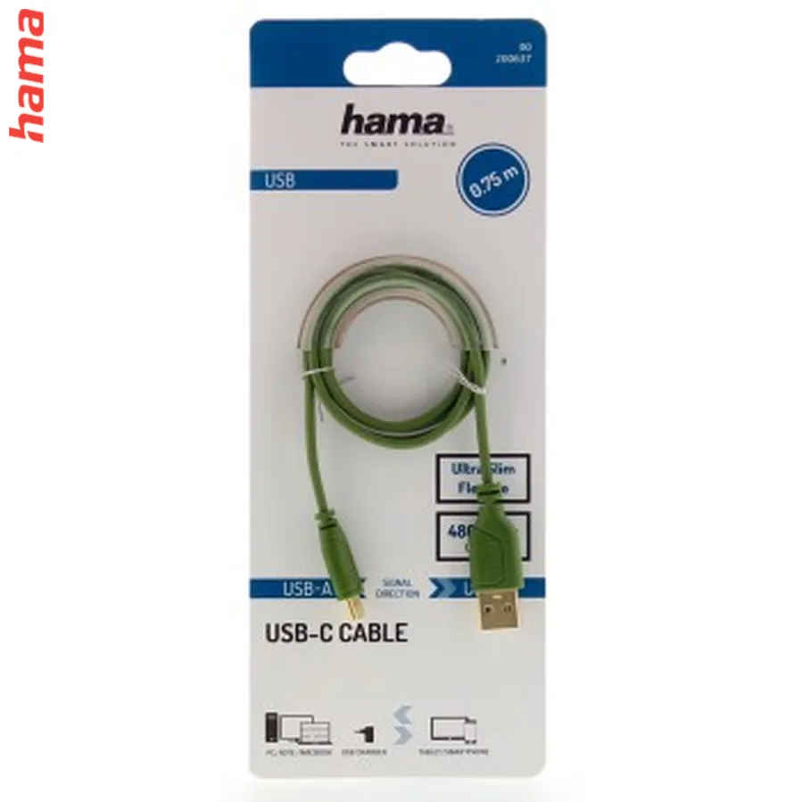 Hama USB-C 2.0 kábel typ A-C 0,75 m, Flexi-Slim, zelený