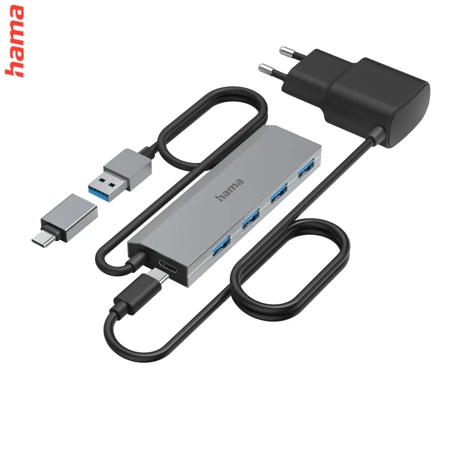 Hama USB-Hub, 4 porty, USB 3.2, 5 Gbit/s, USB-C adaptér, sieťový zdroj