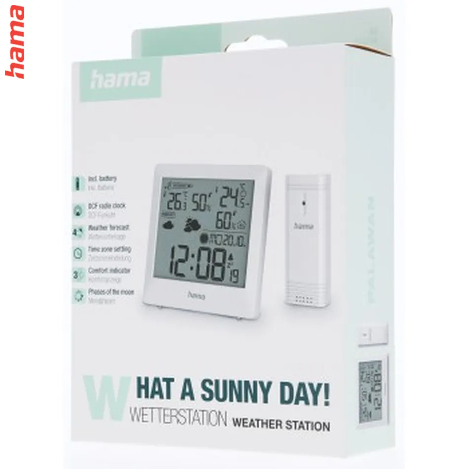 Hama Palawan, meteostanica, teplota, vlhkosť, počasie, fáza mesiaca, bezdrôtový senzor, biela