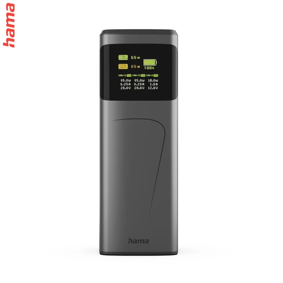 Hama High Power 65 W, powerbanka, 20000 mAh, 2x USB-C, 1x USB-A, PD, QC, displej