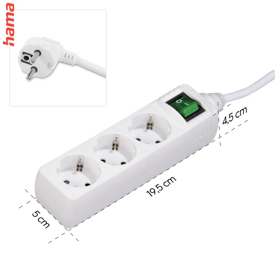 Hama predlžovací prívod s vypínačom, 3x zásuvka schuko, 1,4 m, biely