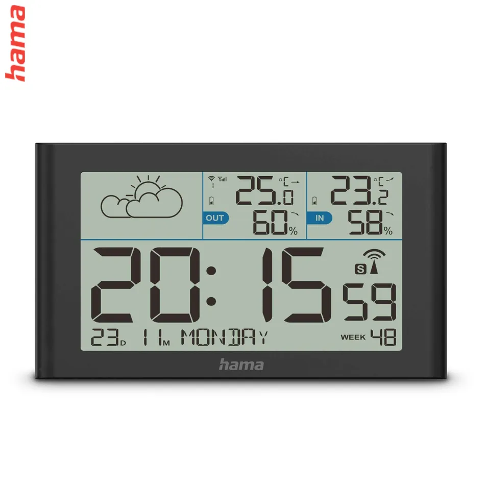 Hama Sylt, meteostanica, bezdrôtový senzor, DCF hodiny, teplota, vlhkosť, počasie, batérie, čierna
