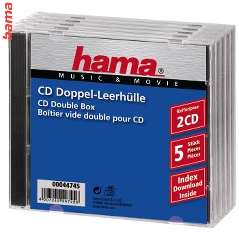 Hama CD Double box, štandardný obal na 2 CD/DVD, priehľadný/čierny, balenie 5 ks (cena za balenie)