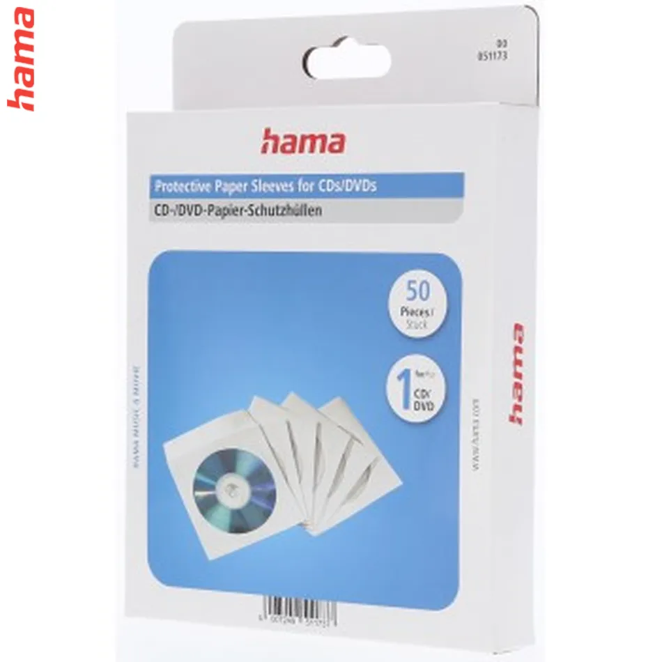Hama papierové obaly na CD/DVD, biele, krabička na zavesenie, balenie 50 ks (cena za balenie)