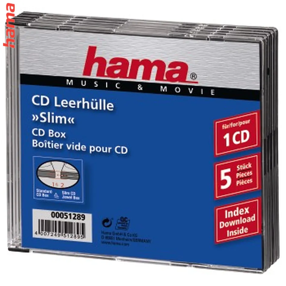 Hama CD Slim Box, obal na 1 cd/dvd, priehľadný/čierny, balenie 5 ks (cena za balenie)