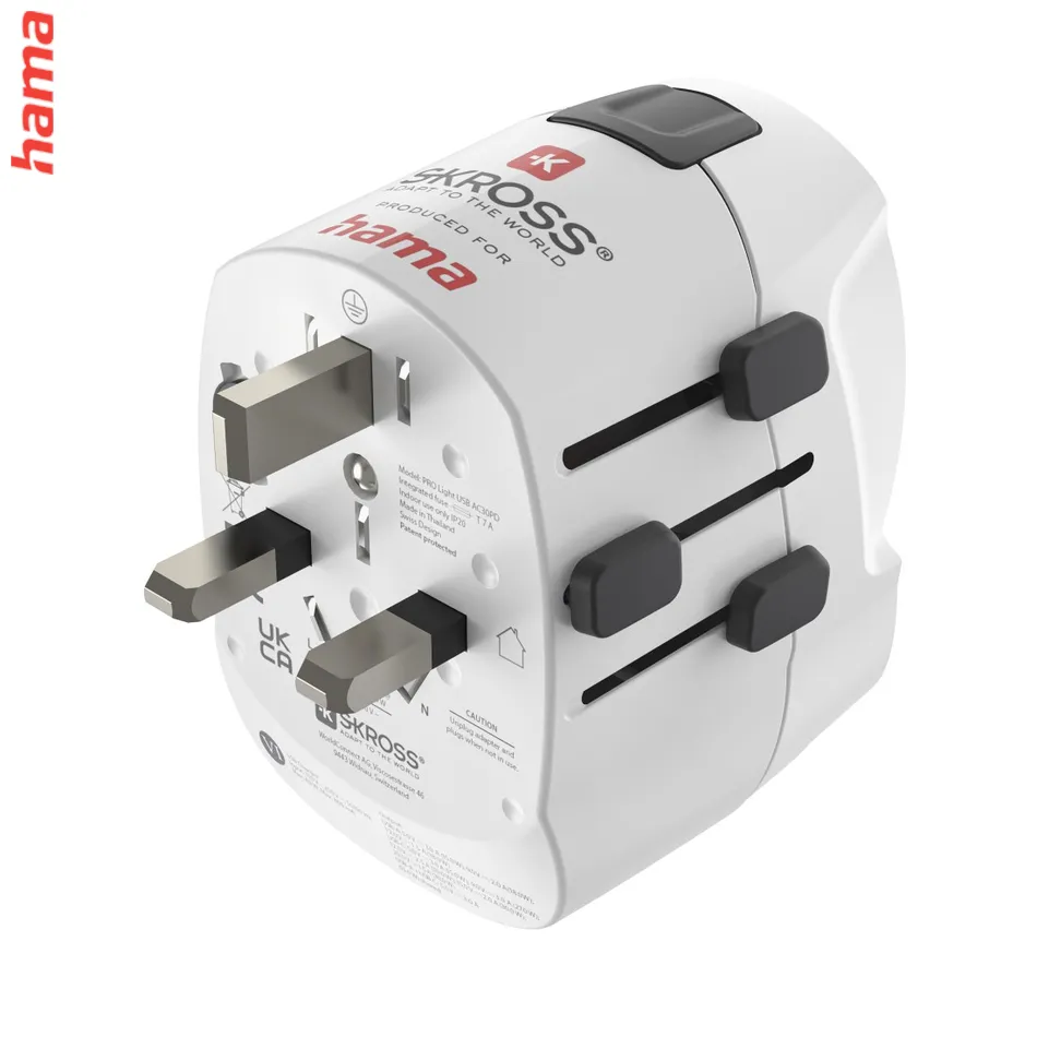 Adaptér do zásuvky Hama cestovný adaptér Pro Light AC 30PD, 3-pól, globálny, USB-A/USB-C 30W