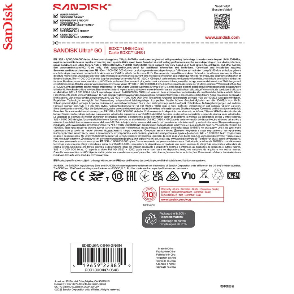 SanDisk SDXC Ultra GO 64GB (UHS-1, V10, U1, C10, R140MB/s, Full HD Video)