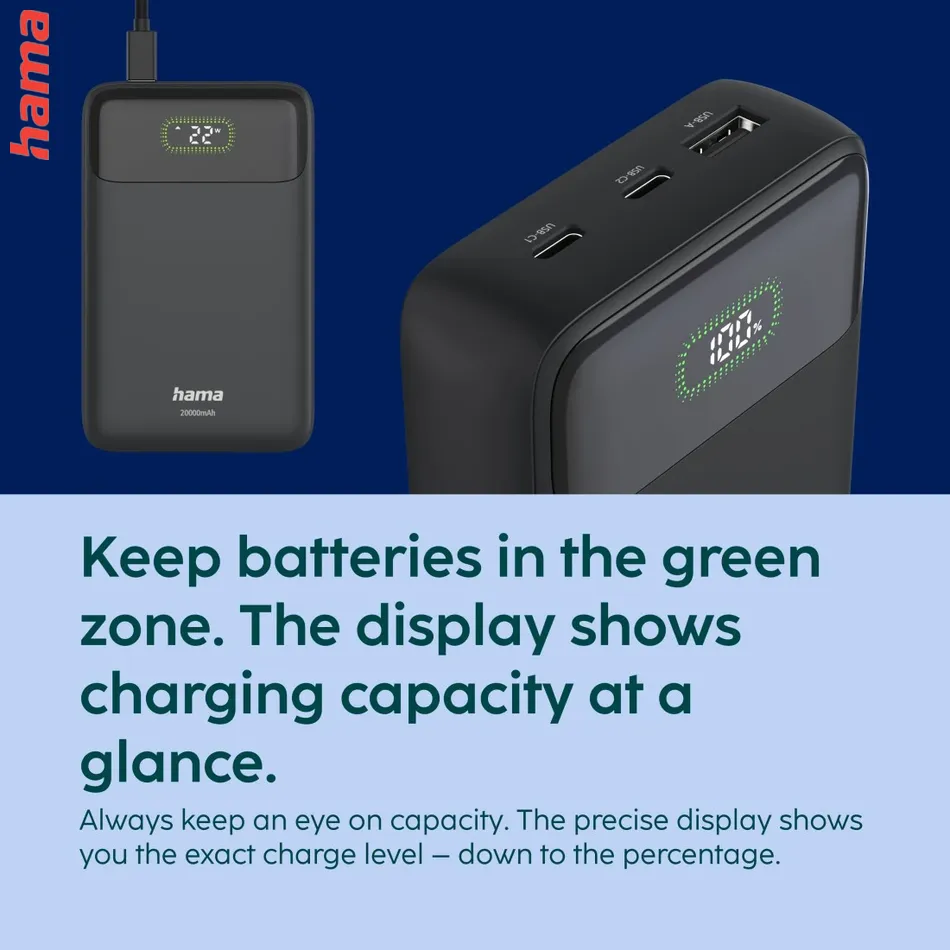PD20-W20 powerbanka, 20000 mAh, 20 W, 2x USB-C, 1x USB-A, displej