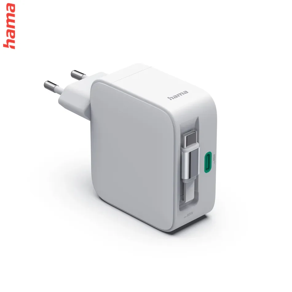 Hama nabíjačka na notebook a mobil 65 W GaN, 2x USB-C, vysúvateľný kábel, biela