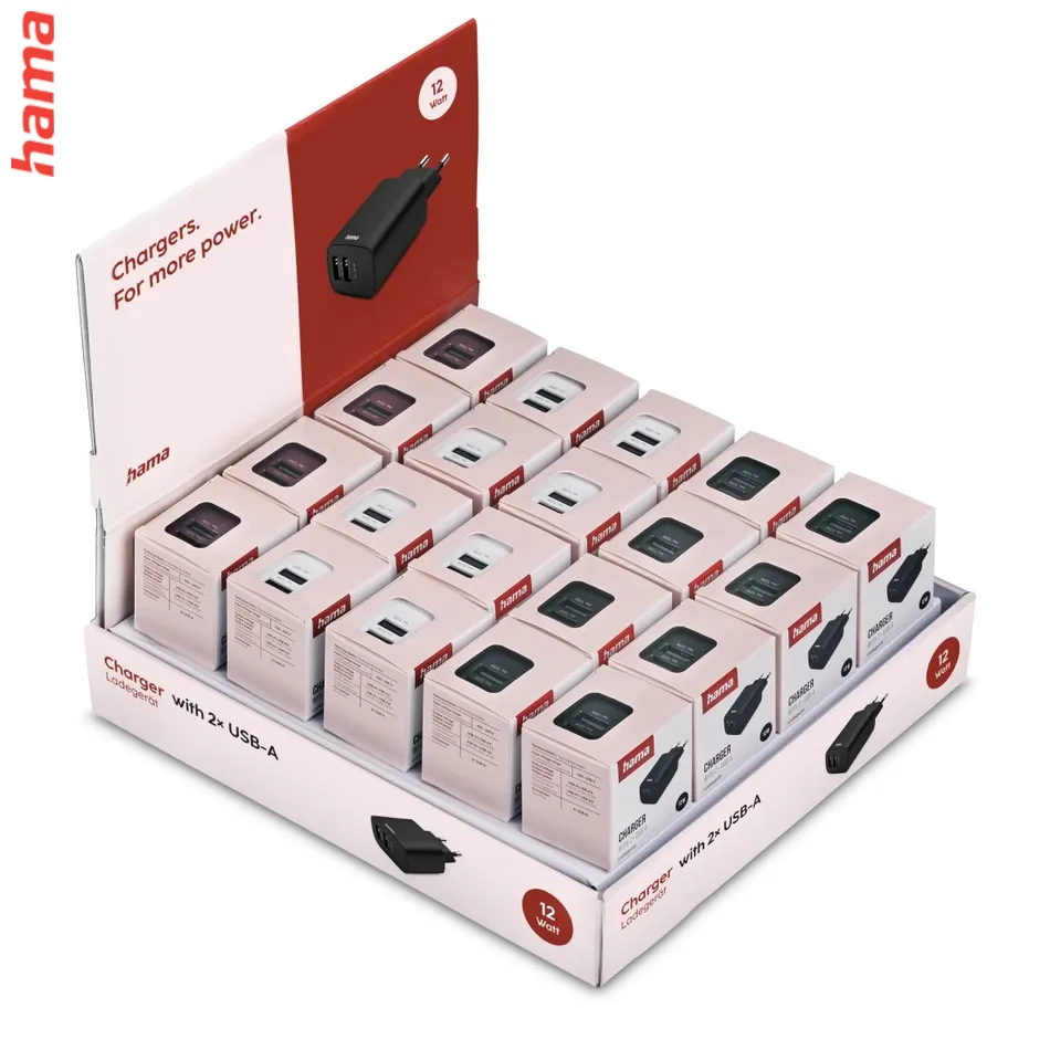 Hama USB nabíjačka, 2x USB-A, 12 W/2,4 A, 20 ks v displeji (cena za ks)