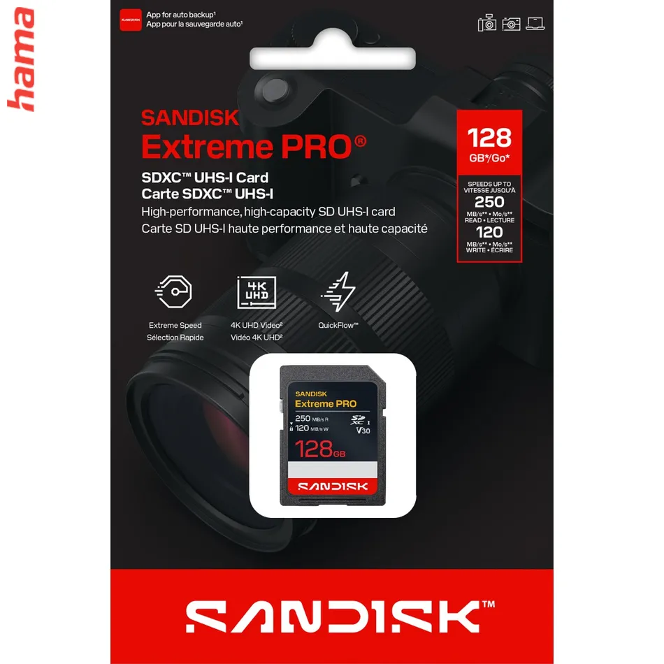 SanDisk SD karta Extreme PRO SDXC 128 GB, UHS-I V30 U3, 250/120 MB/s