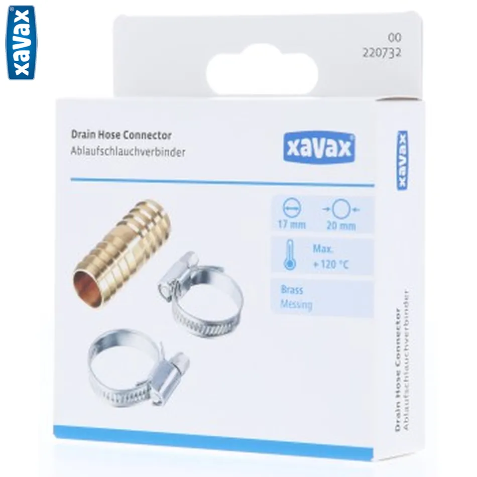 Xavax spojka odtokových hadíc, pre priemer 20 mm, mosadzná, vrátane 2 spôn/objímok  