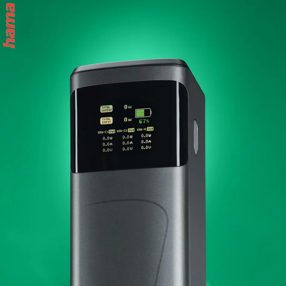 Hama High Power 65 W, powerbanka, 20000 mAh, 2x USB-C, 1x USB-A, PD, QC, displej