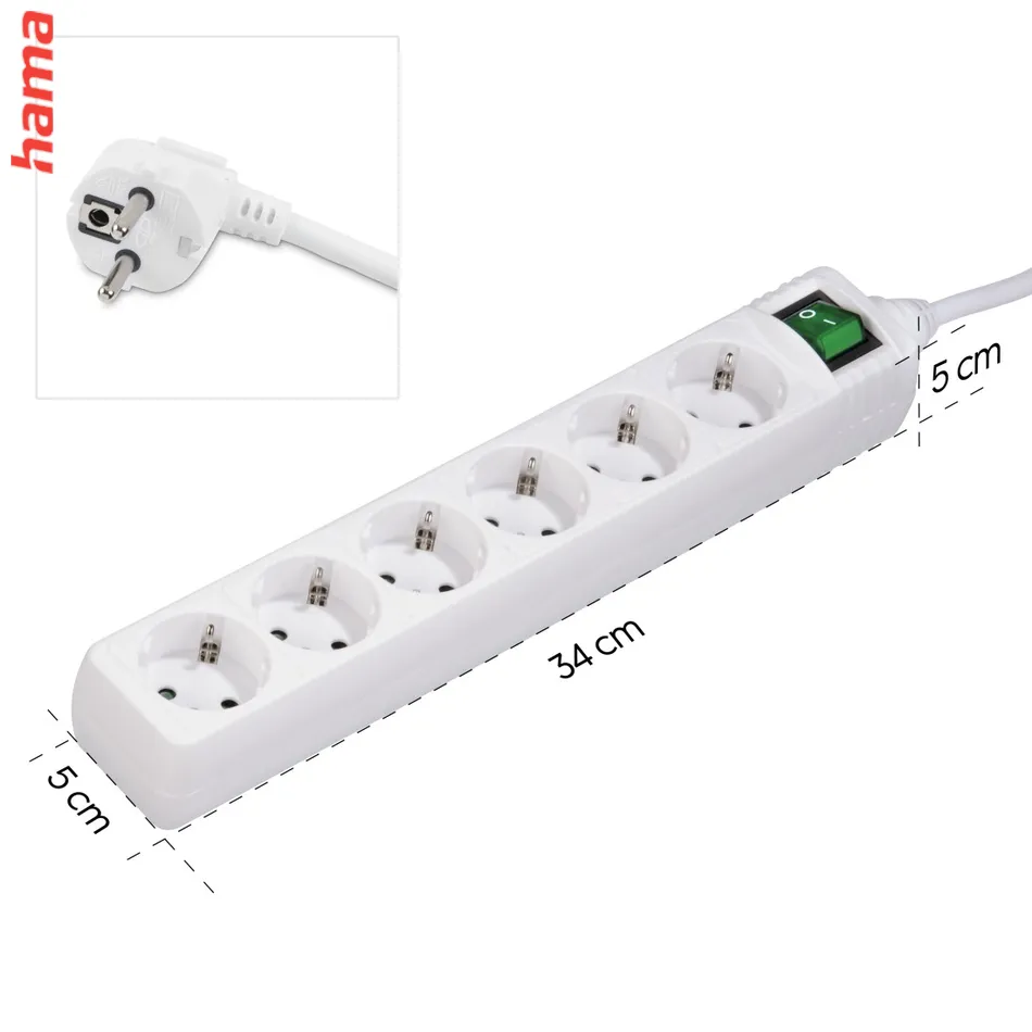 Hama predlžovací prívod s vypínačom, 6x zásuvka schuko, 1,4 m, biely