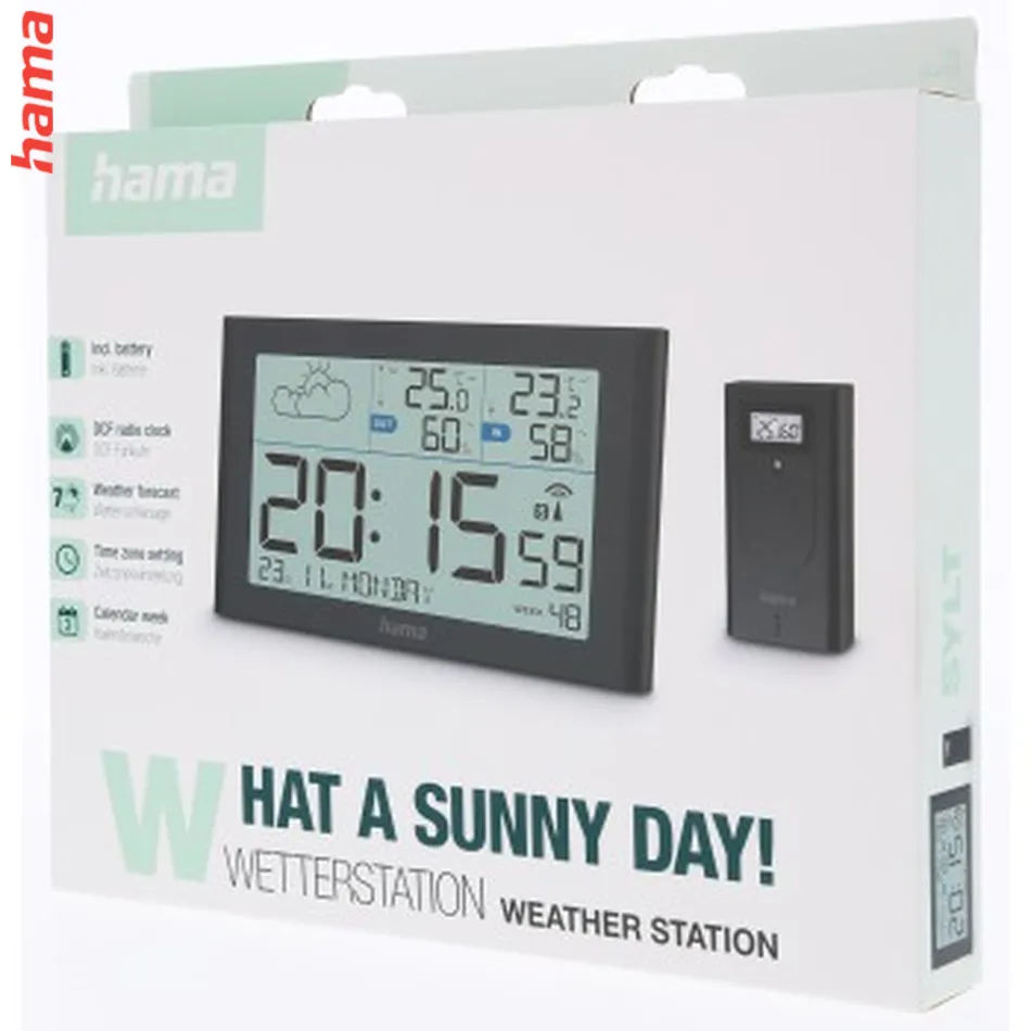 Hama Sylt, meteostanica, bezdrôtový senzor, DCF hodiny, teplota, vlhkosť, počasie, batérie, čierna