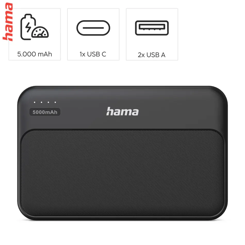 Hama Pocket 5, powerbanka 5000 mAh, 2,1 A, výstup: 2x USB-A, čierna Farebný odtieň