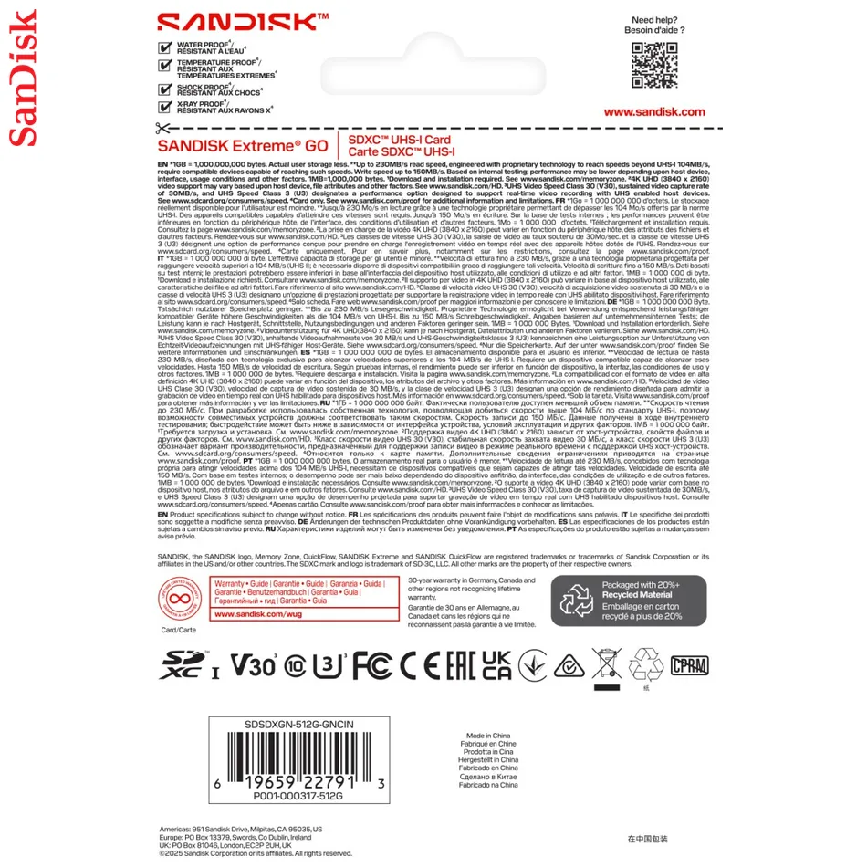 SanDisk SDXC Extreme GO 512GB (UHS-1, R 230MB/s / W150MB/s, 4K)