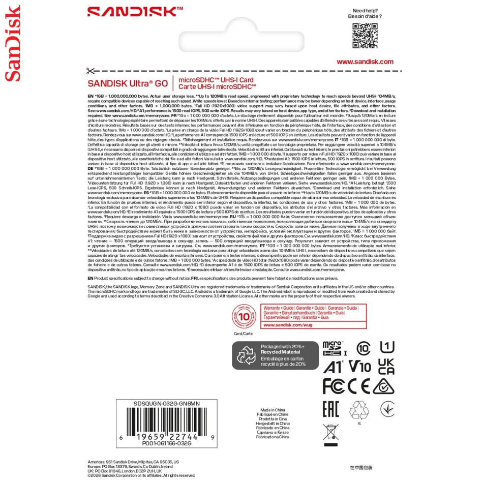 SanDisk microSDHC Ultra GO 32GB (UHS-I, V10, U1, C10, A1, R120 MB/s, Full Video HD)