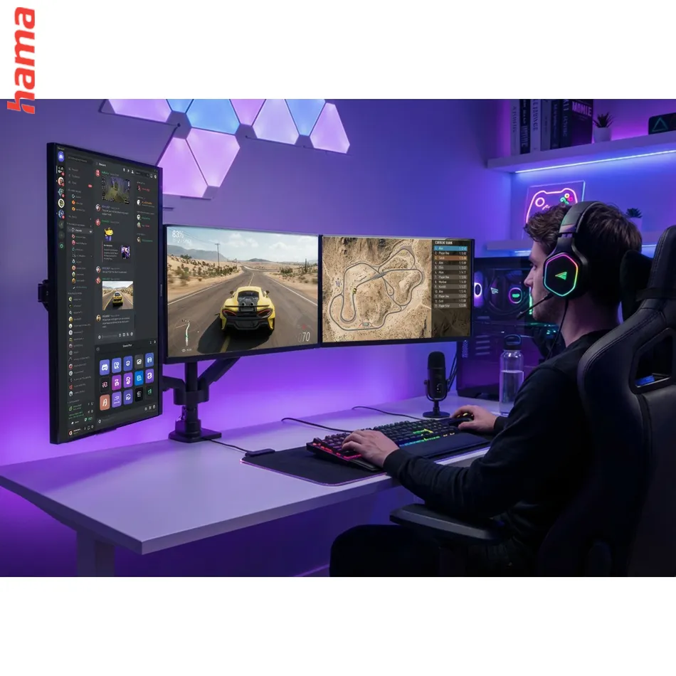 Hama stolný držiak monitoru+ďalších 3 zariadení, pre streaming/gaming, výškovo nastaviteľný, otočný