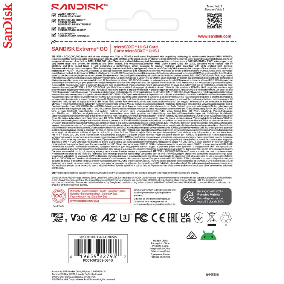 SanDisk microSDXC Extreme GO 64GB (UHS-I, R170MB/s / W80MB/s, 5K)