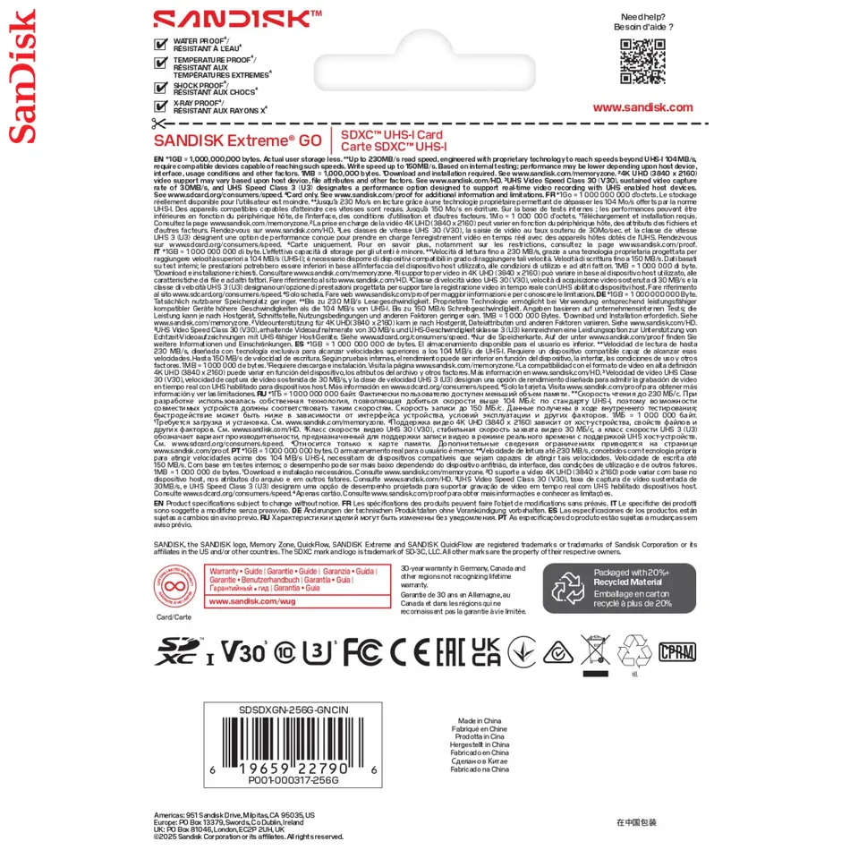 SanDisk SDXC Extreme GO 256GB (UHS-1, R 230MB/s / W150MB/s, 4K)