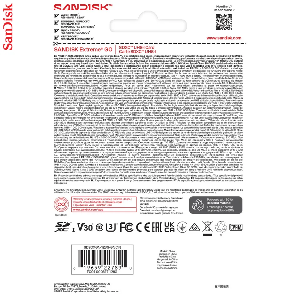 SanDisk SDXC Extreme GO 128GB (UHS-1, R 230MB/s / W110MB/s, 4K)