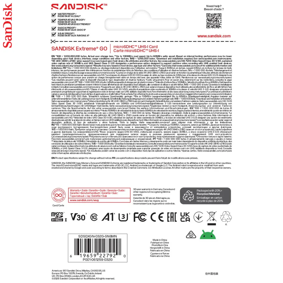 SanDisk microSDHC Extreme GO 32GB (UHS-I, R100MB/s / W60MB/s, 5K)