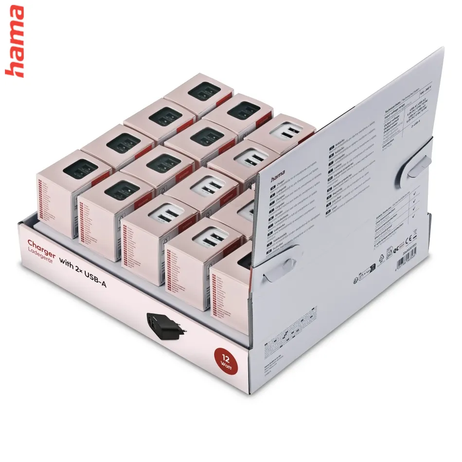 Hama USB nabíjačka, 2x USB-A, 12 W/2,4 A, 20 ks v displeji (cena za ks)
