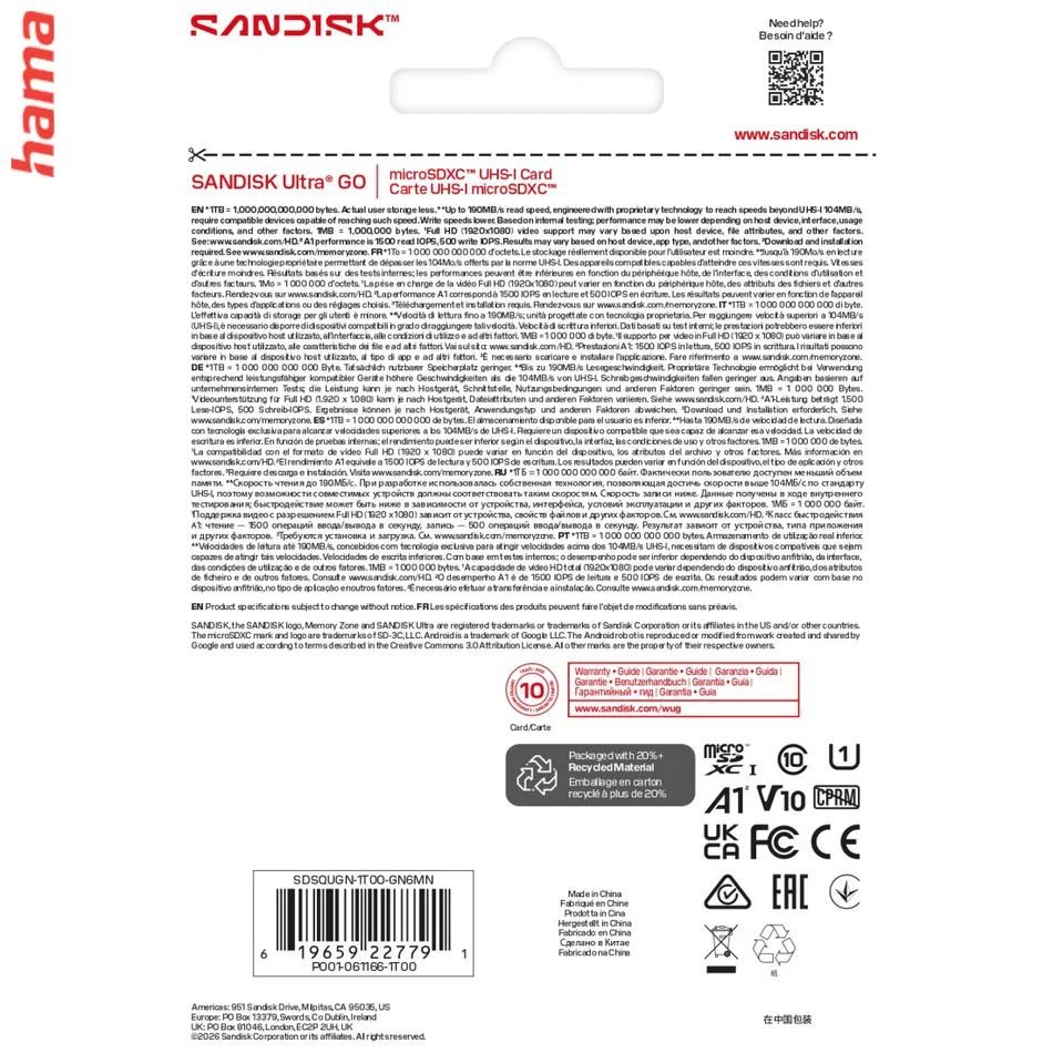 SanDisk micro SD karta Ultra GO 1 TB, UHS-I V10 A1, 190 MB/s