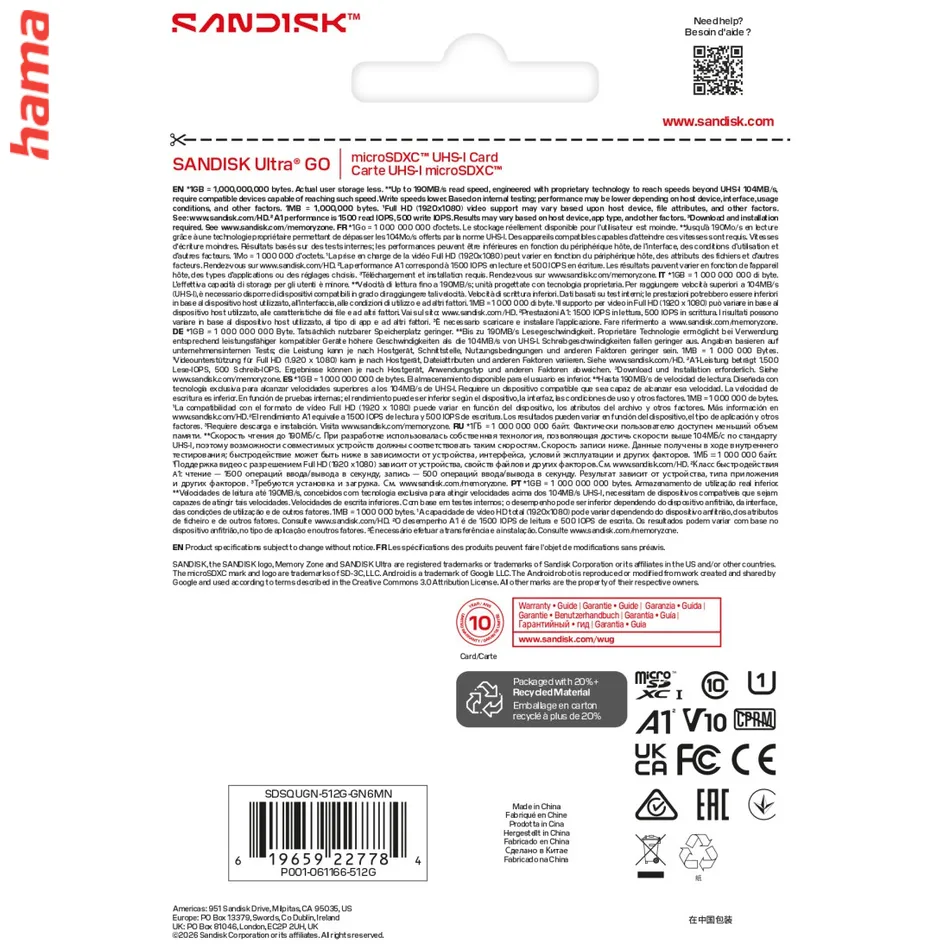 SanDisk micro SD karta Ultra GO 512 GB, UHS-I V10 A1, 190 MB/s