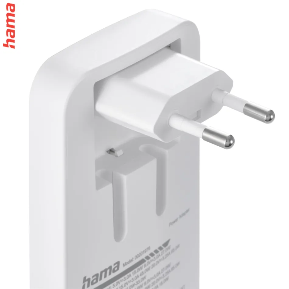 Hama rýchla USB nabíjačka GaN 2x USB-C + USB-A, PD/QC 65 W, plochá, skladacia  