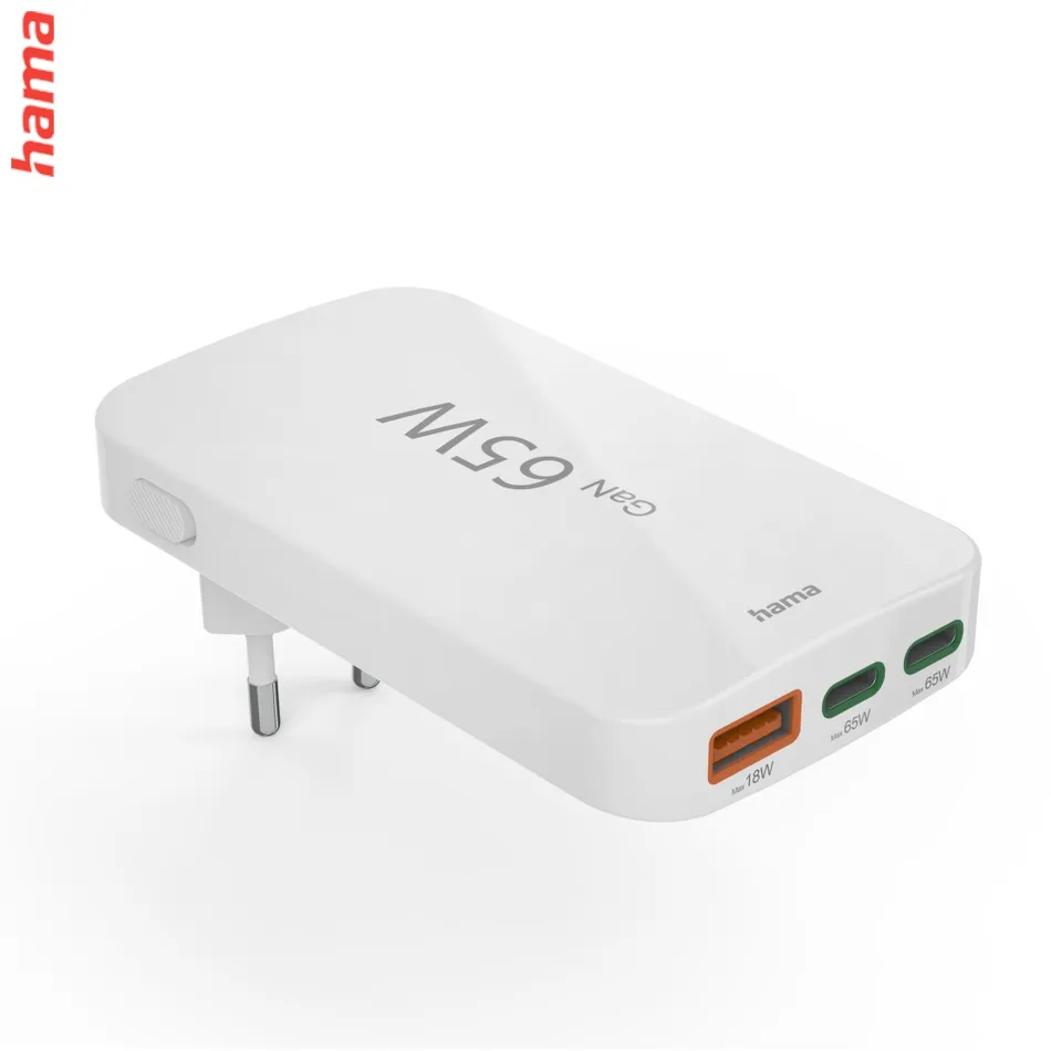 Hama rýchla USB nabíjačka GaN 2x USB-C + USB-A, PD/QC 65 W, plochá, skladacia  