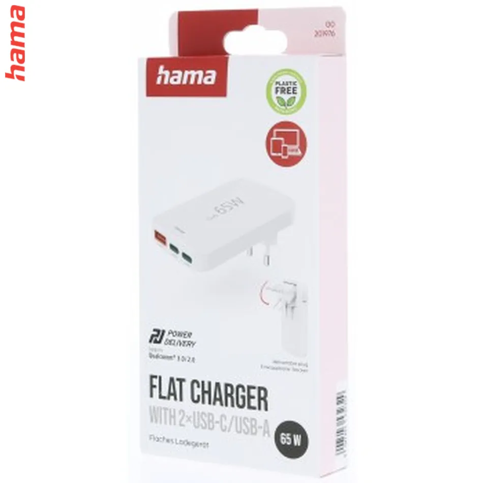 Hama rýchla USB nabíjačka GaN 2x USB-C + USB-A, PD/QC 65 W, plochá, skladacia  