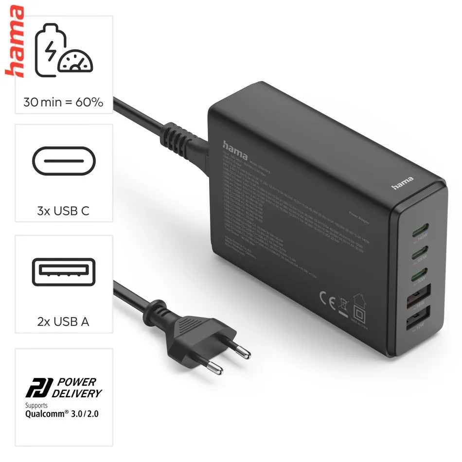 Hama USB nabíjacia stanica GaN, 3x USB-C PD, 2x USB-A (1x QC), 140 W