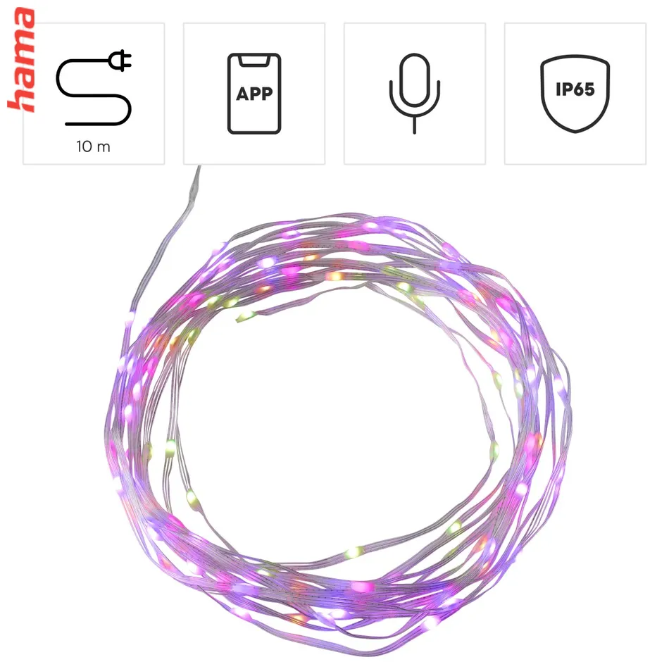 Hama SMART WiFi svetelná reťaz, 100 LED, von./vnút. použitie, nastavenie farieb, stmievanie, 10 m