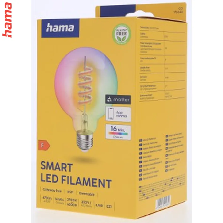 Hama SMART WiFi LED žiarovka, Matter, E27, G95 Filament, guľa, RGBW, stmievateľná, appka