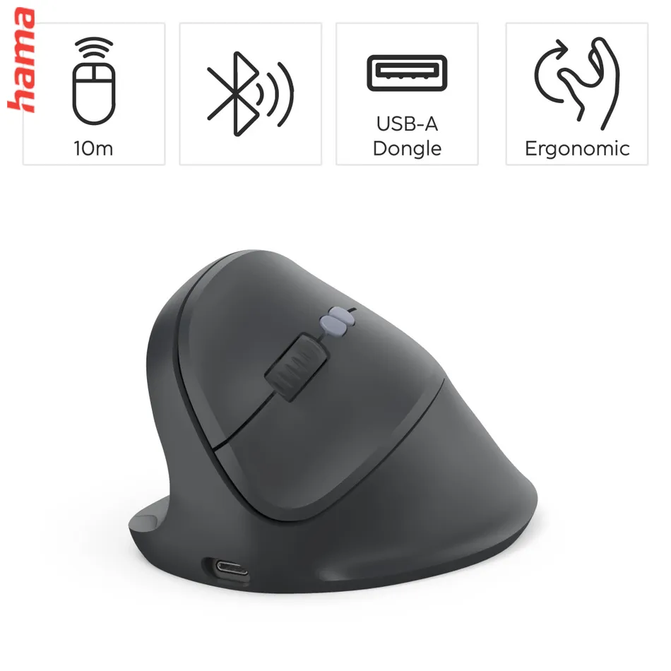 Hama vertikálna ergonomická bezdrôtová myš EWM-600L, pre ľavákov, nabíjacia, čierna