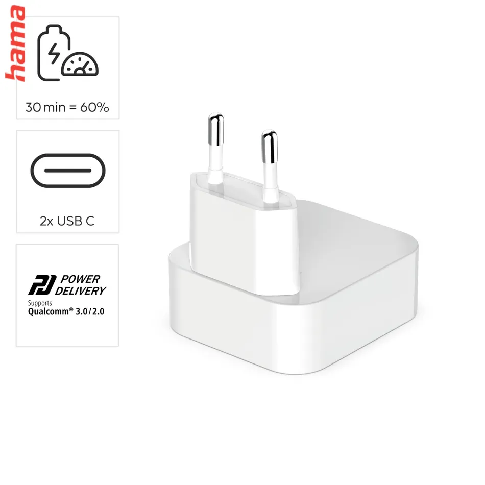 Hama rýchla USB nabíjačka GaN, 2x USB-C PD/QC 40 W, skladacia