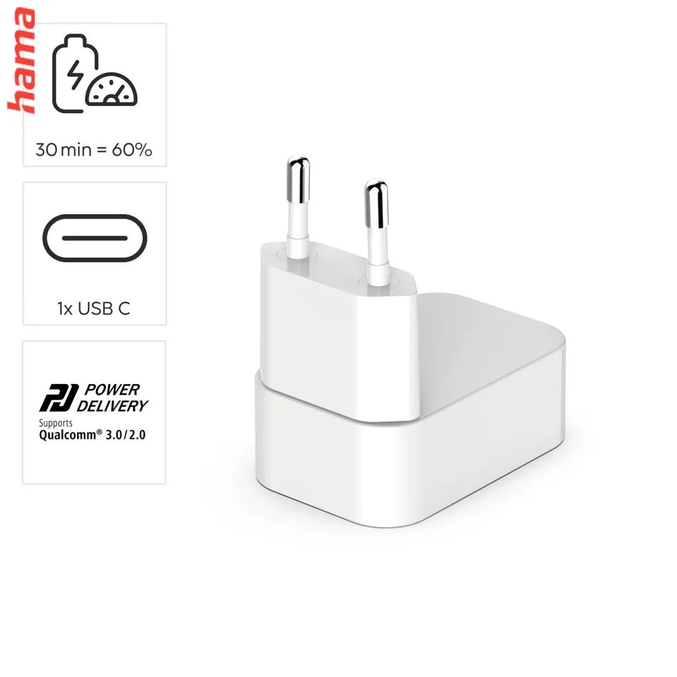 Hama rýchla USB nabíjačka GaN, USB-C PD/QC 30 W, skladacia