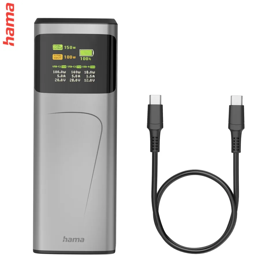 Hama High Power 150 W, powerbanka, 24000 mAh, 2x USB-C, 1x USB-A, PD, QC, displej