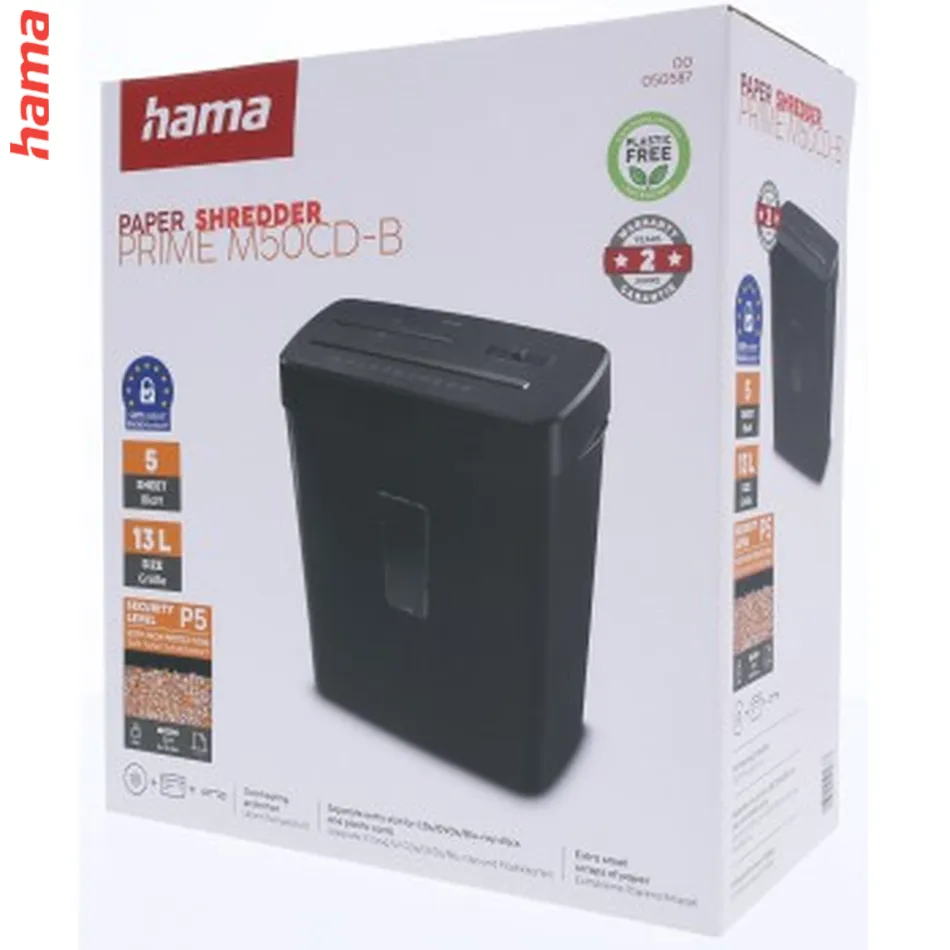 Hama Prime M50CD-B, skartovačka, micro rez, 5 listov, bezpečnostná úroveň P5 T2 E2 O1, čierna