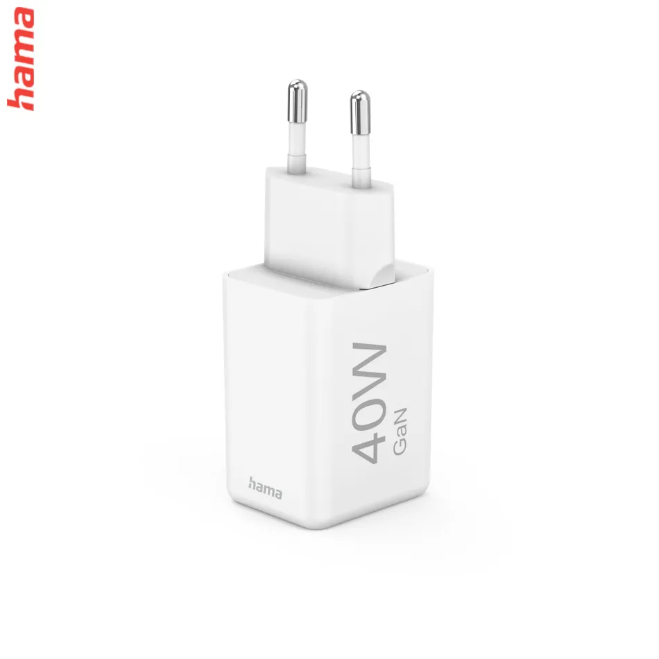 Rýchlonabíjačka Hama , GaN, 2x USB-C, Super Mini nabíjačka, PD, 40 W, biela