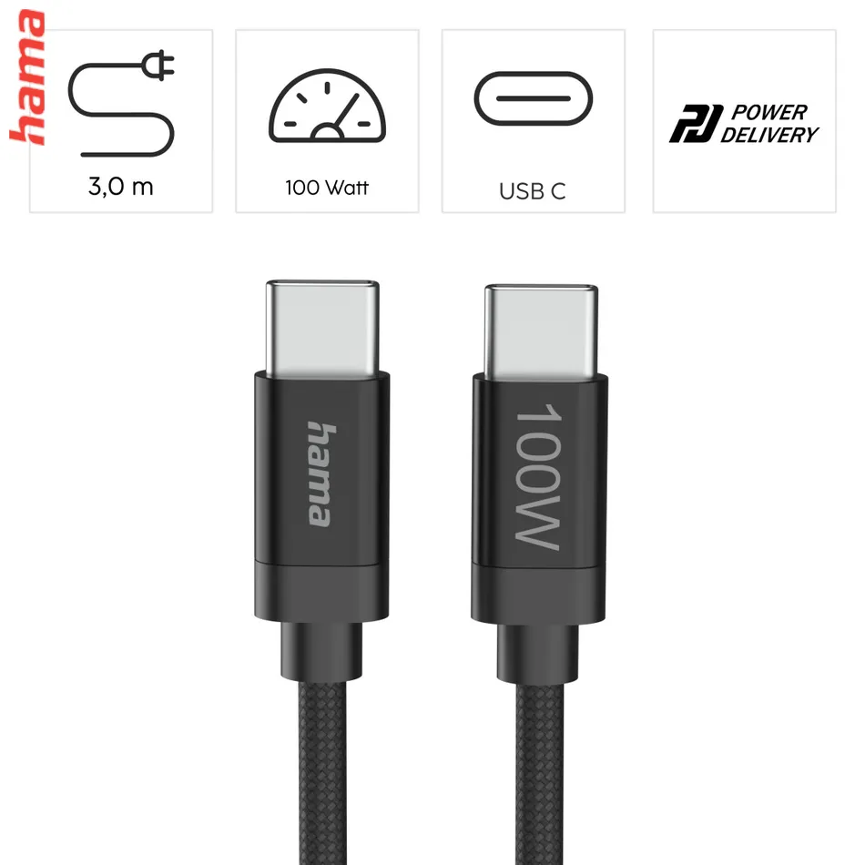 Hama USB-C 2.0 kábel Fabric, 3 m, 100 W, opletený
