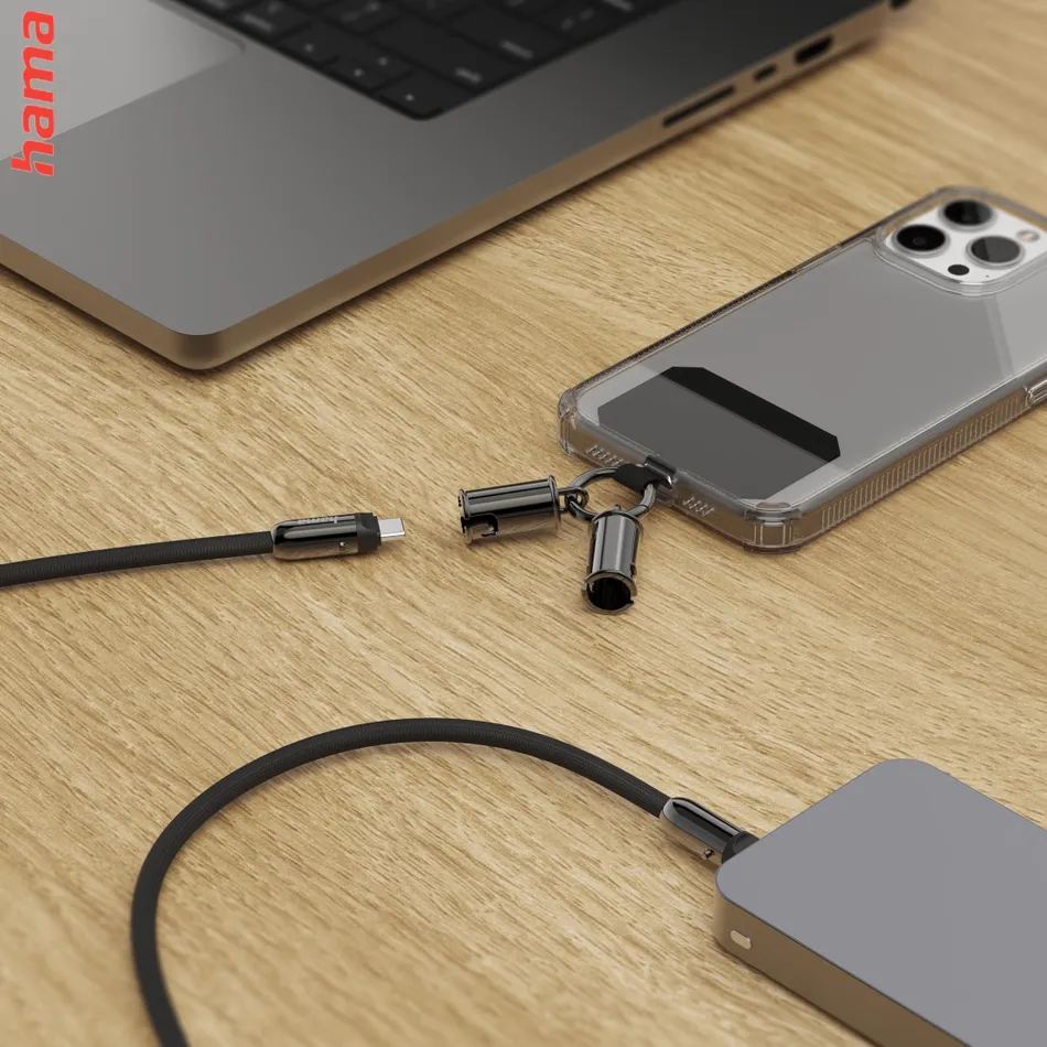 Hama USB-C kábel a šnúrka na mobil 2v1, dĺžka 1,2 m, farba čierna