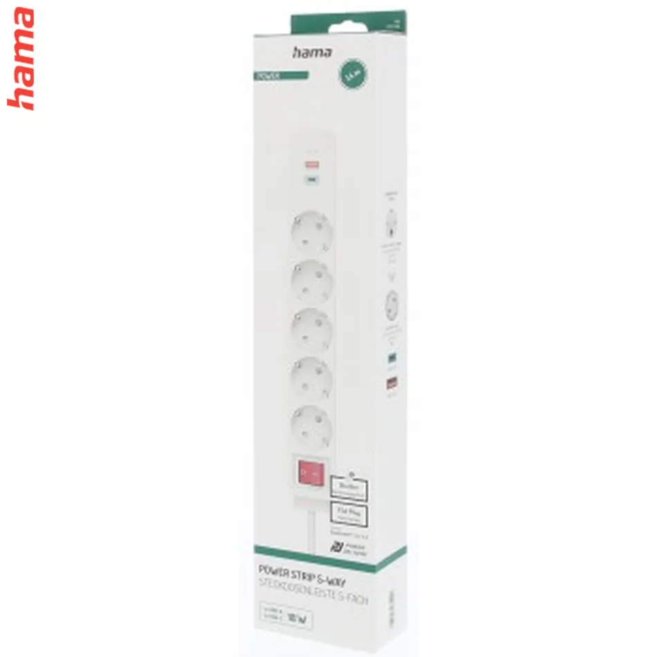 Hama predlžovací prívod, 5x zásuvka schuko, USB-C PD/USB-A QC 18 W, 1,4 m