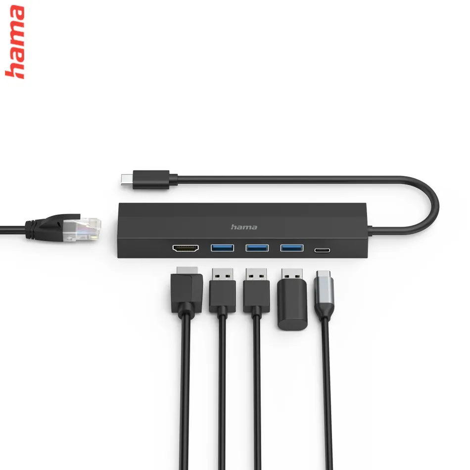 Hama USB-C hub, multiport, 3x USB-A, USB-C PD, HDMI, LAN, 6 portov