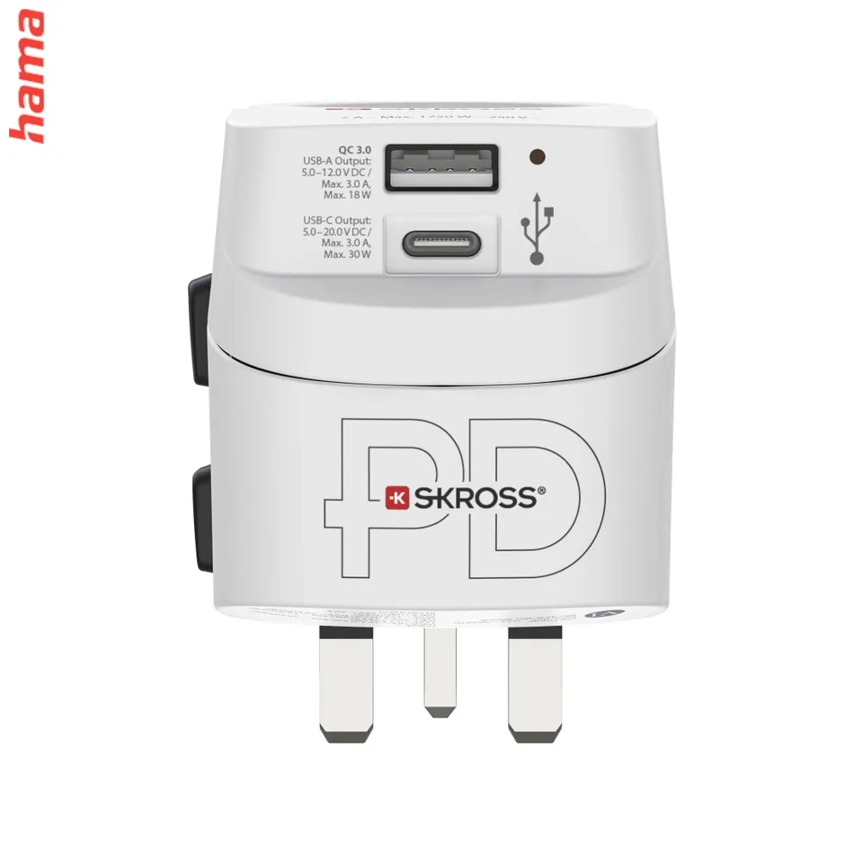 Adaptér do zásuvky Hama cestovný adaptér Pro Light AC 30PD, 3-pól, globálny, USB-A/USB-C 30W